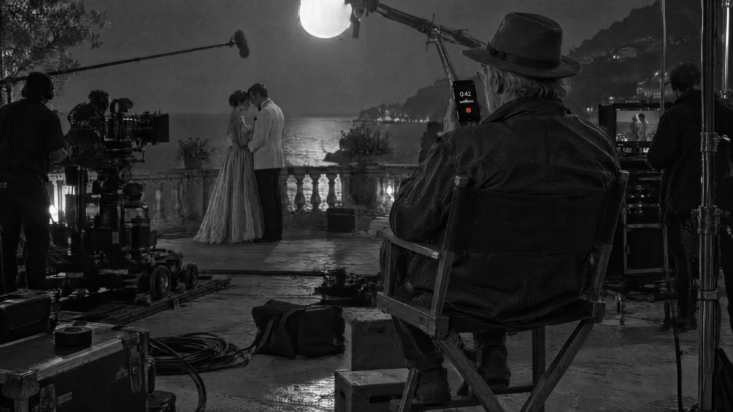 A veteran director in a felt hat, seen from behind in a tall director's chair on a moonlit terrace set, recording a note on his phone as two actors share a quiet moment